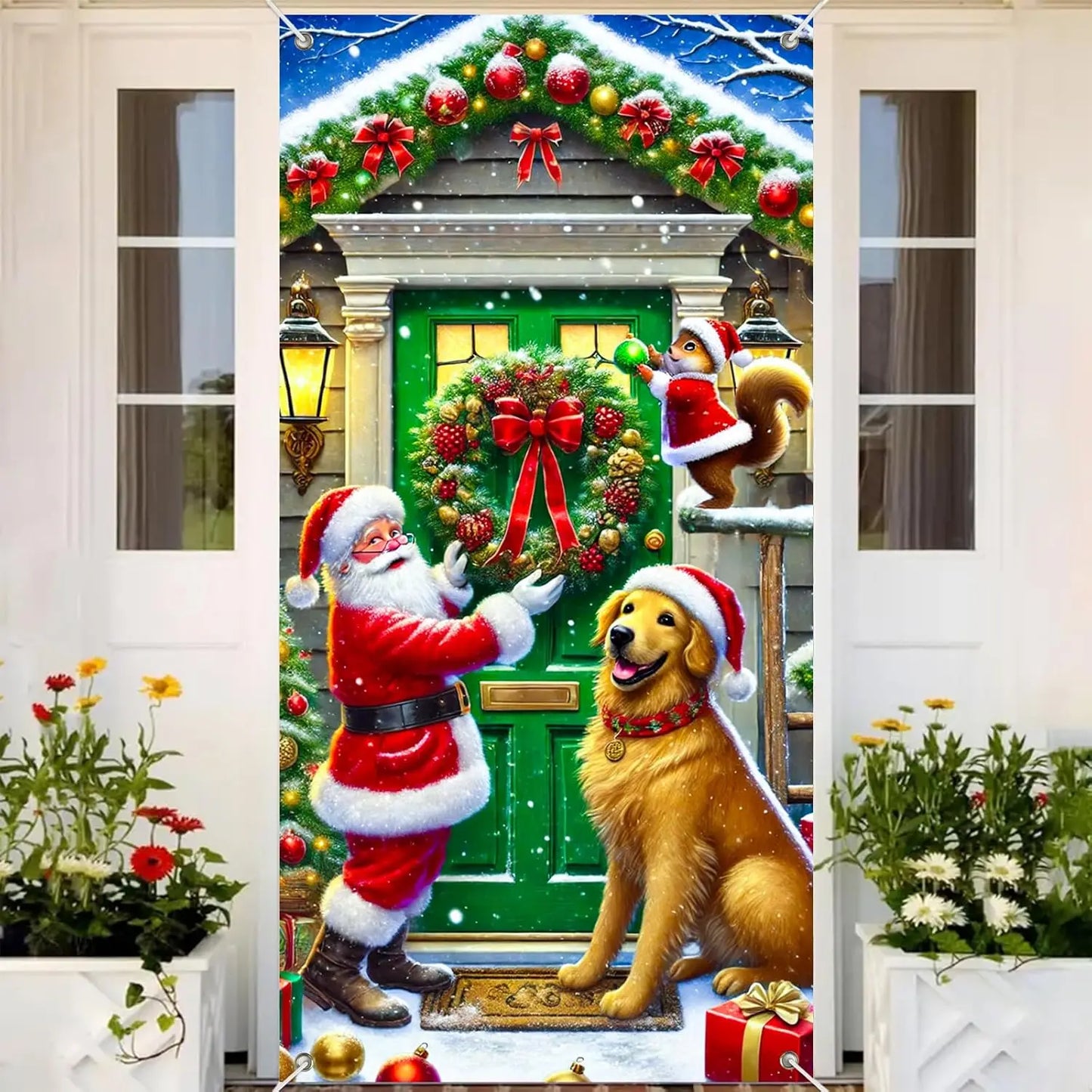 Christmas banner, Christmas dog holiday, Christmas welcome door banner, indoor and outdoor wall decoration, polyester