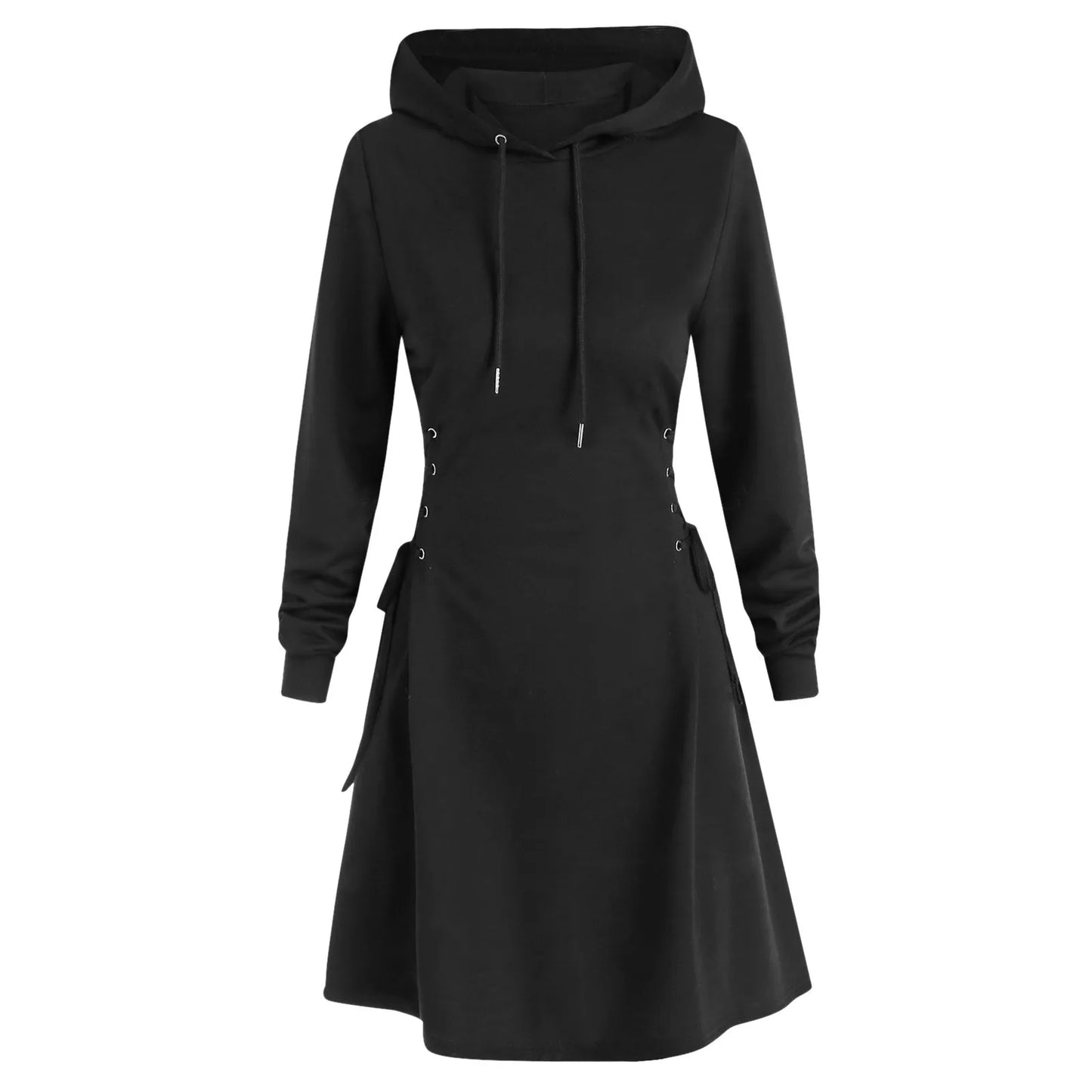 Autumn Women's Hooded Dress Casual Fashion Hoodie Dresses Long Sleeved Side Lace Up Slim Fit Short Dress Solid Color Dress