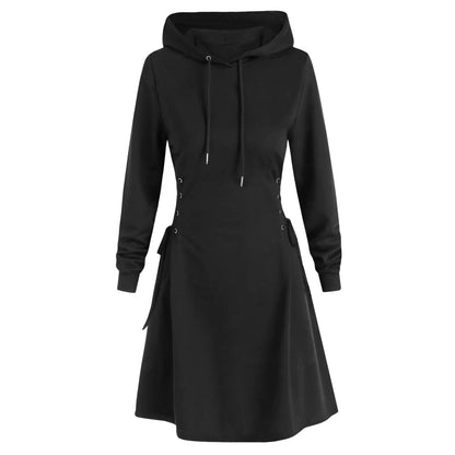 Autumn Women's Hooded Dress Casual Fashion Hoodie Dresses Long Sleeved Side Lace Up Slim Fit Short Dress Solid Color Dress