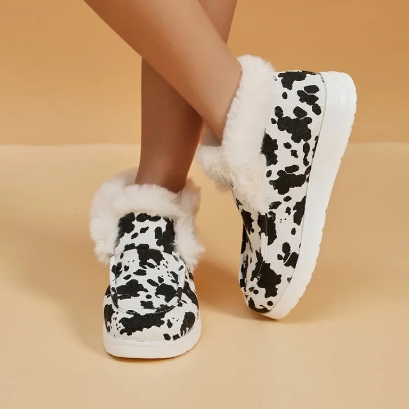 2025 Autumn Winter Women Fluffy Fur Snow Boots Women Leopard Print Flat Flat Heels Thicken Plush Cotton Padded Shoes Woman Warm