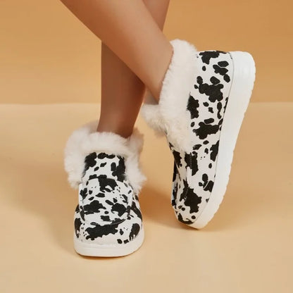 2025 Autumn Winter Women Fluffy Fur Snow Boots Women Leopard Print Flat Flat Heels Thicken Plush Cotton Padded Shoes Woman Warm