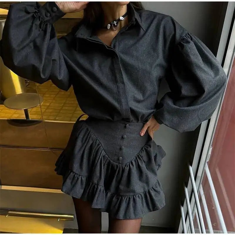 Plaid Print Shirt Ruffles Skirts Set Women Elegant Lapel Button Up Tops Loose Mini A-line Skirt Spring New Lady Chic Outfit LK9Q