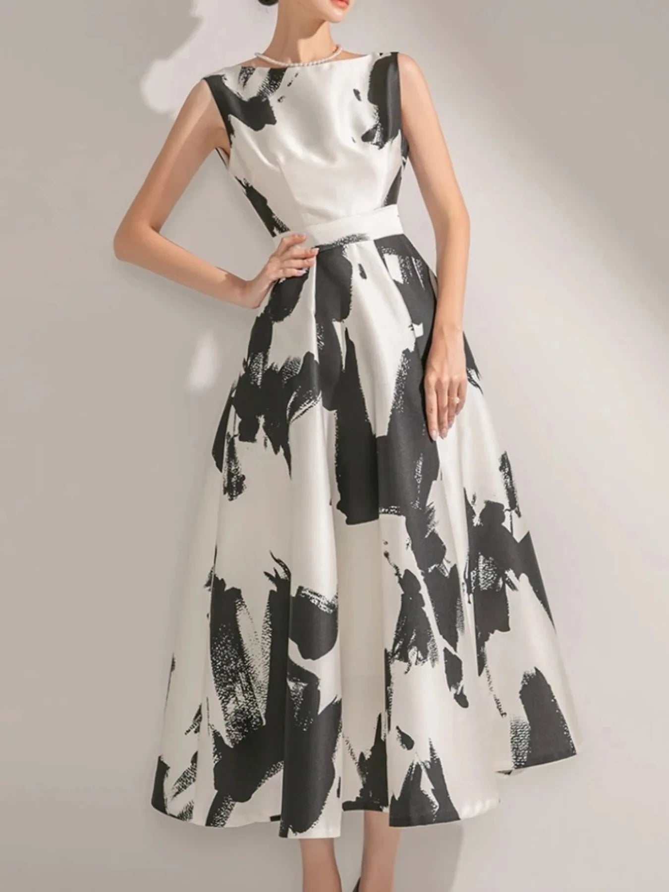 Women Elegant Casual Print Summer Dress Sleeveless Vintage A-Line Chic Party Birthday Vestidos Female Clothes New Midi Robe