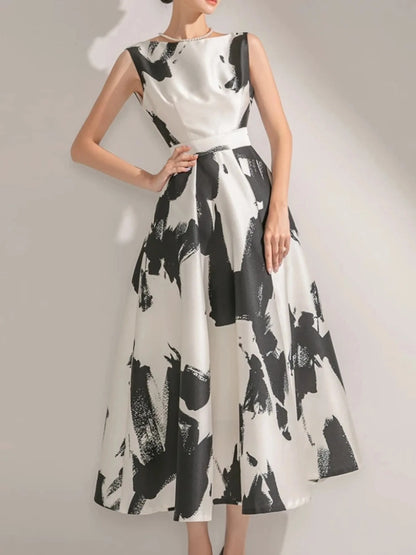 Women Elegant Casual Print Summer Dress Sleeveless Vintage A-Line Chic Party Birthday Vestidos Female Clothes New Midi Robe