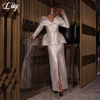 Lily Two Pieces Prom Dresses Beading Button Evening Gown Full Sleeve Celebrity Gown Stain Split Wedding Party Dress Customized