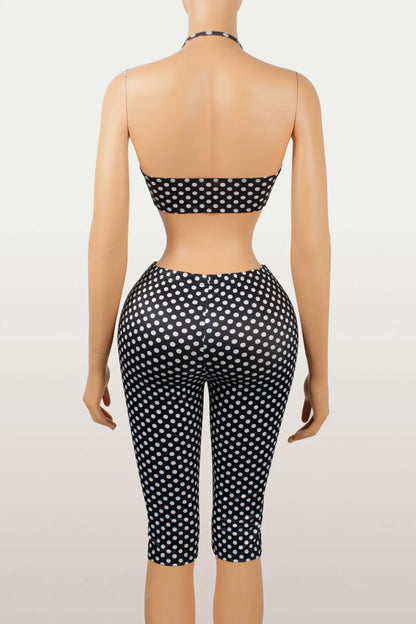 Weird Puss Polka Dot Print Women 2 Piece Set Halter Tank Tops+Bike Shorts Stretch Matching Streetwear Vacation Stretch Outfits