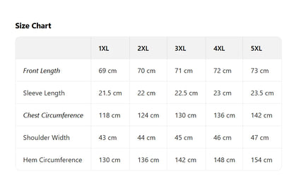 Plus size Halloween witch shirt with size chart detailing measurements for 1XL to 5XL