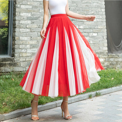Women Color Block A-line Skirt Mid Length Drape Feeling High Waist Slim Mesh Skirts Carnival Festival Party Performance Costume