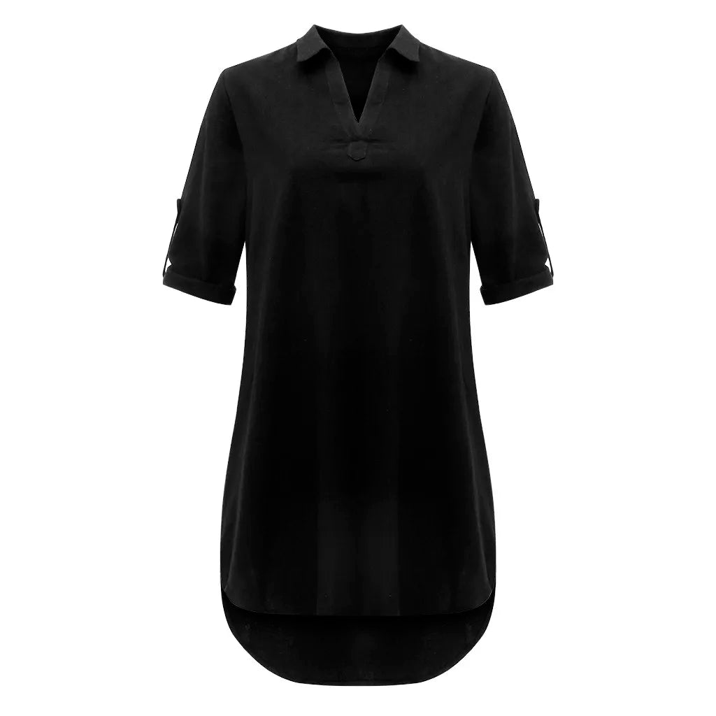 Cotton Linen Commuting Dress Vintage Casual Turn Down Collar Sundress Short Sleeve Loose Solid Mini Dresses Female Платье #CCC