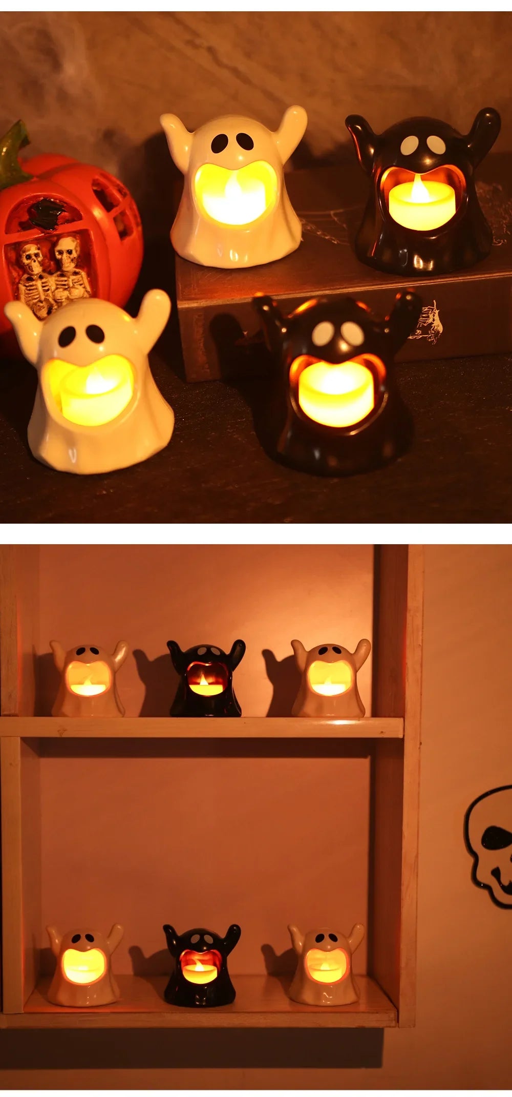 2025 New Halloween Ghost Lamp With LED Flameless Candles Decorative Halloween Party Ghosts Horror Atmosphere Props Decoration