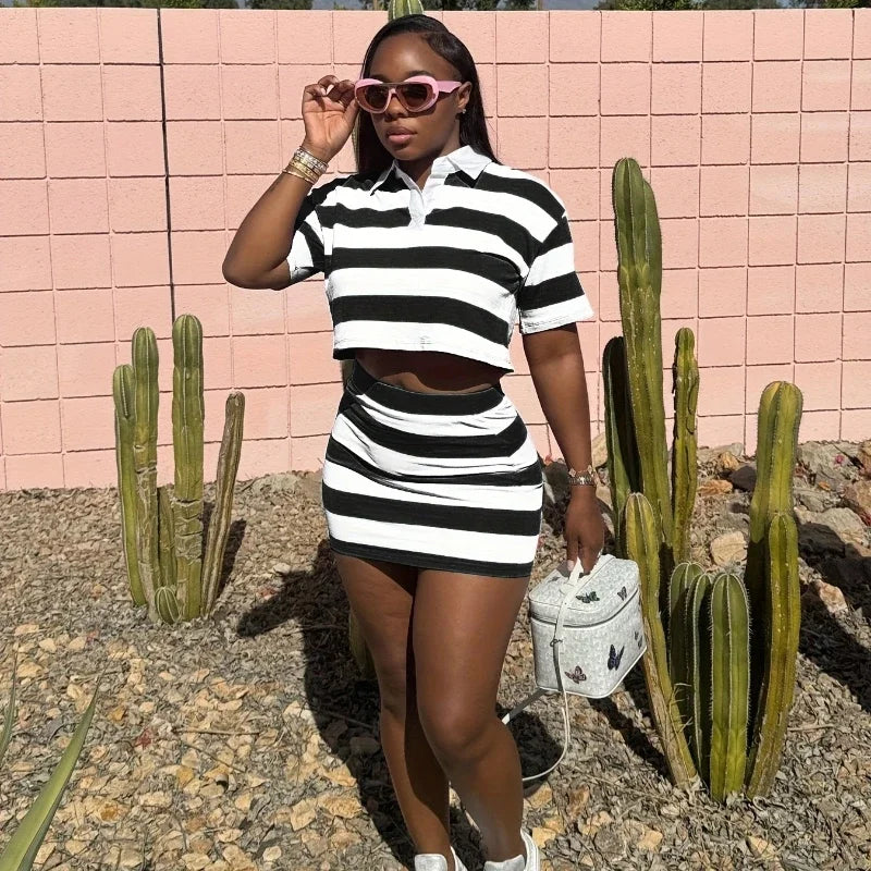 Sporty Fitness Striped Print 2 Pieces Set for Woman Streetwear Casual Turn-down Collar Shirt Crop Top and Mini Skirt Sets Summer