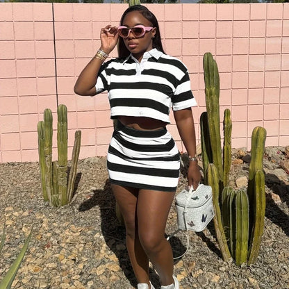 Sporty Fitness Striped Print 2 Pieces Set for Woman Streetwear Casual Turn-down Collar Shirt Crop Top and Mini Skirt Sets Summer
