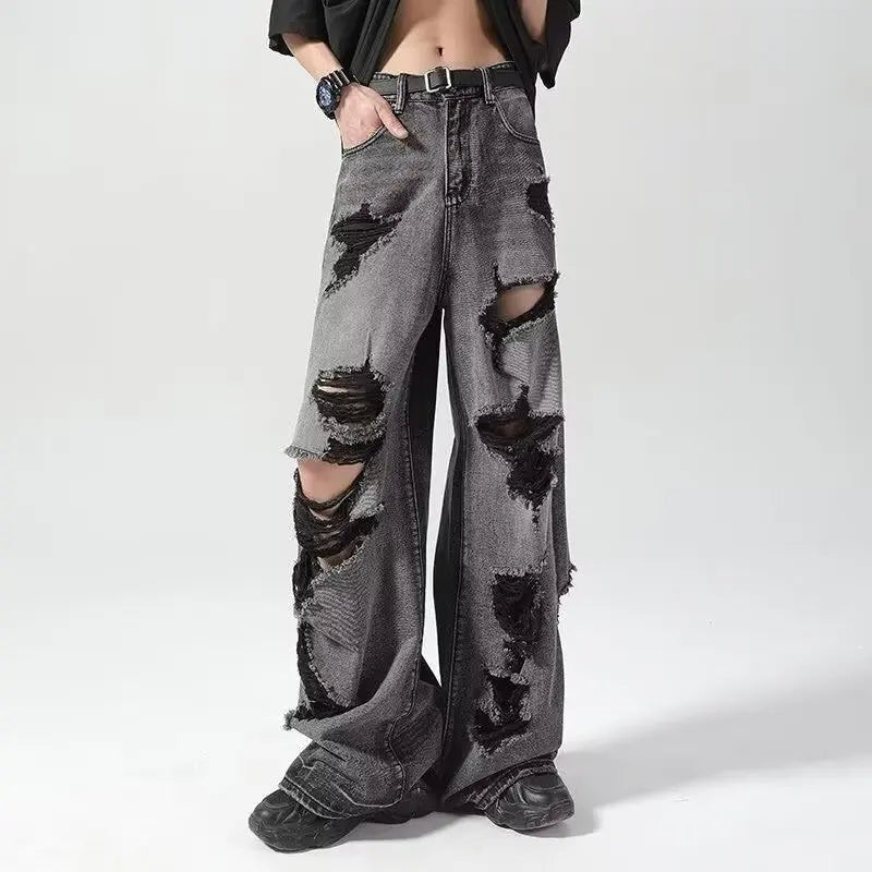 Ripped jeans for women in summer, cool, old high street American wide-leg pants loose and versatile straight trousers y2k jeans