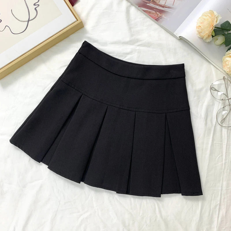 ZOKI  Vintage Gray Pleated Skirt Women Kawaii High Waist Mini Skirts Korean Fashion School Uniform Harajuku Streetwear Spring
