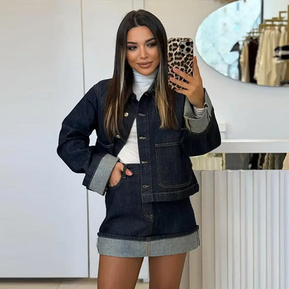 Denim Skirt Women Set Casual Long Sleeve Lapel Pocket Button Jacket Pleated Min Skirts 2025 Spring Summer Lady Suit