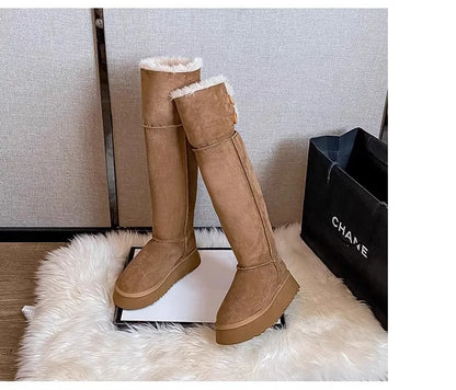 Turned-over Edge Knee-high Snow Boots Flat with Slip-on Ladies Shoes 2024 High Quality Round Toe Mid Heel Concise Women's Boots