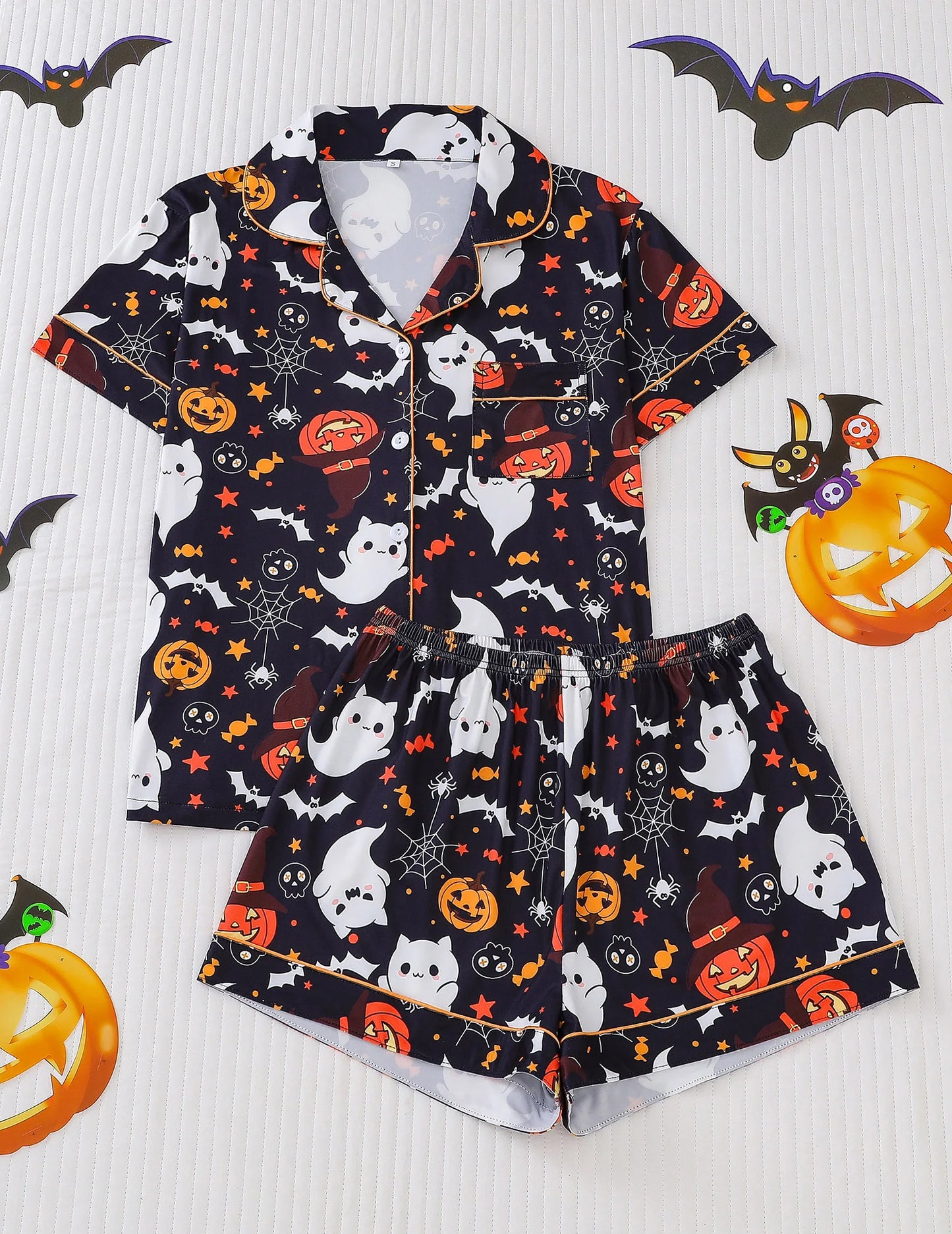 Women Halloween Pumpkin Bat Print Pajama Set,Breathable Lapel Loungewear Short-Sleeved Roll-Neck Shirt and Loose Shorts S-XXL