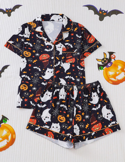 Women Halloween Pumpkin Bat Print Pajama Set,Breathable Lapel Loungewear Short-Sleeved Roll-Neck Shirt and Loose Shorts S-XXL