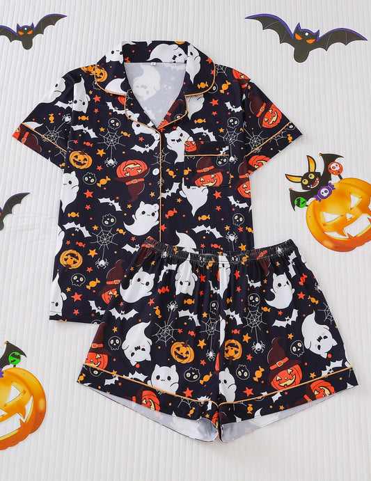 Women Halloween Pumpkin Bat Print Pajama Set,Breathable Lapel Loungewear Short-Sleeved Roll-Neck Shirt and Loose Shorts S-XXL