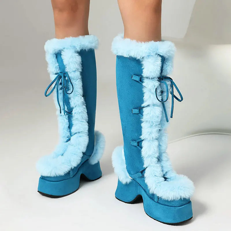 8CM Chunk Heels Winter Warm Knee High Boots Women Snow Short Plush Platform Boots Faux Fur Cosplay Lace-up Long Shoes Size 34-43