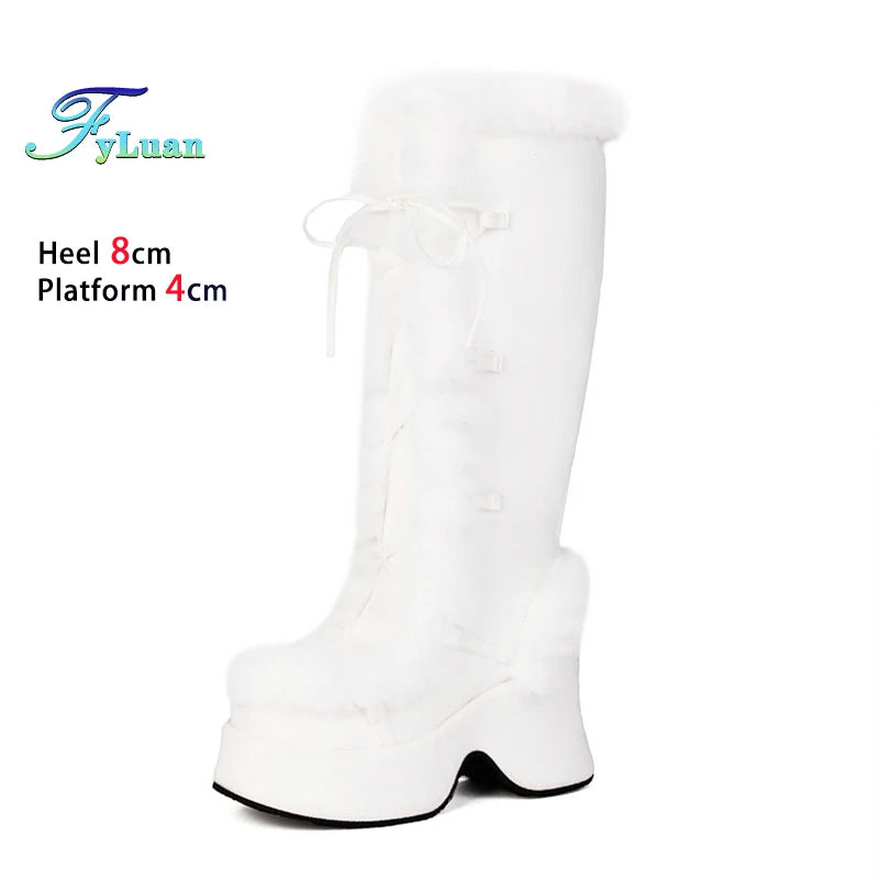 8CM Chunk Heels Winter Warm Knee High Boots Women Snow Short Plush Platform Boots Faux Fur Cosplay Lace-up Long Shoes Size 34-43