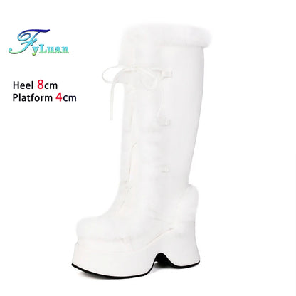 8CM Chunk Heels Winter Warm Knee High Boots Women Snow Short Plush Platform Boots Faux Fur Cosplay Lace-up Long Shoes Size 34-43