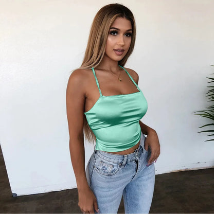 Slim Backless Crop Tops Soft Ice Silk Sexy Camisole Women's Club Party Bandage Camis Y2k Sexy Tank Tops Blusas Ropa De Mujer