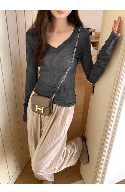 Autumn Sexy Classic V-neck Knitted Female T-shirts New Elastic Fashion Slim Simple Casual Pure Color Long Sleeves Women T-shirts