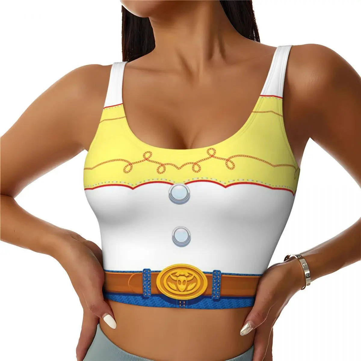 Toy Story Jessie sports bra featuring vibrant colors and western design details for fans of the movie