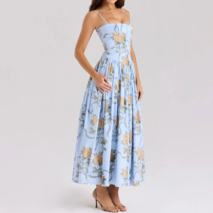 Mingmingxi Summer Floral Print Dress Elegant 2025 New Arrivals Spaghetti Strap Flare Dress Maxi Holiday Party Dresses Women