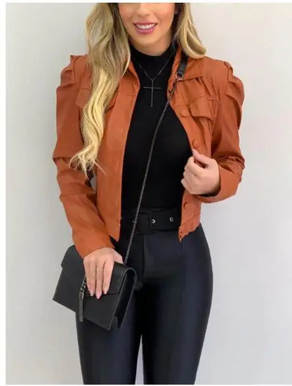 Women's Fashion Collar PU Leather Short Cardigan Jacket Fashionable Street Style Commuting Jacket Casual Versatile Wear