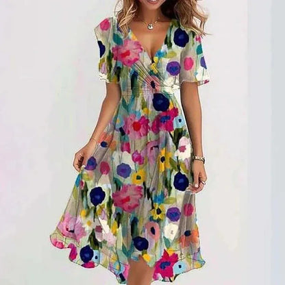 Elegant Sexy V Neck Floral Chiffon Mini Skirt Ladie Summer High-waisted Short Sleeve A-Line Bohemian Dress Evening Dress