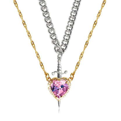 Creative Heart and Sword Couple Necklace Red Pink Heart Sword Necklace Fashion Accessories for Women Couple Gift Jewelry