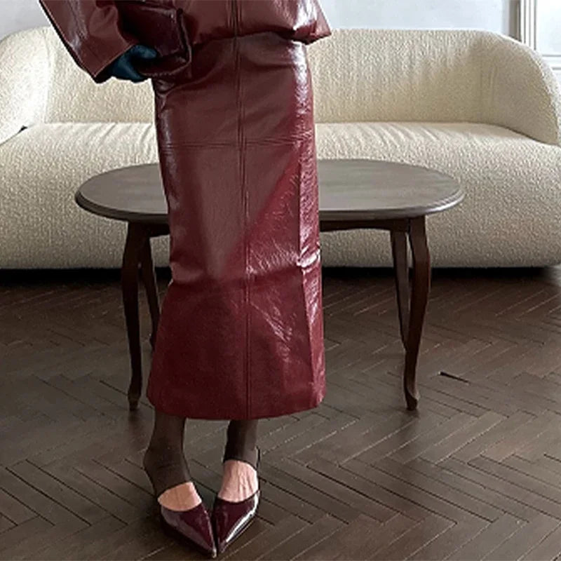 Vintage Solid Pu Leather Jacket Skirt Set High Neck Coat Slim Fit Long Skirt Coats Skirt Sets 2025 New Autumn Winter Lady Outfit