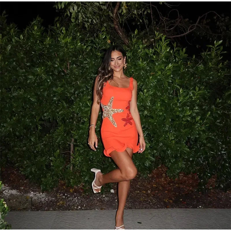 Prined Casual Women Star Mini Dress Fashion Sling Sleeveless Backless Pleat High Waist Robe 2025 New Female Beach Vacation Wear