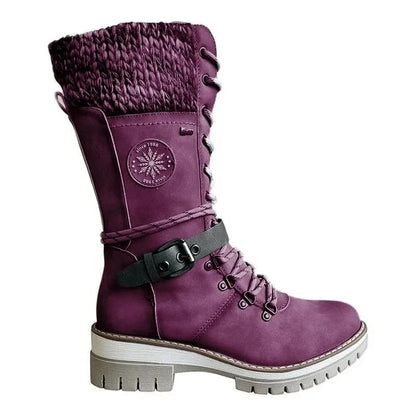 2025 Women Winter Buckle Lace Knitted Mid-calf Boots Low Heel Round Toe Boots Top Quality Winter Warm Boots Women Botas De Mujer