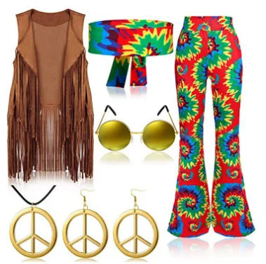 EtherealBe women's hippie disco costume set with colorful flared pants, fringe vest, and peace symbol accessories