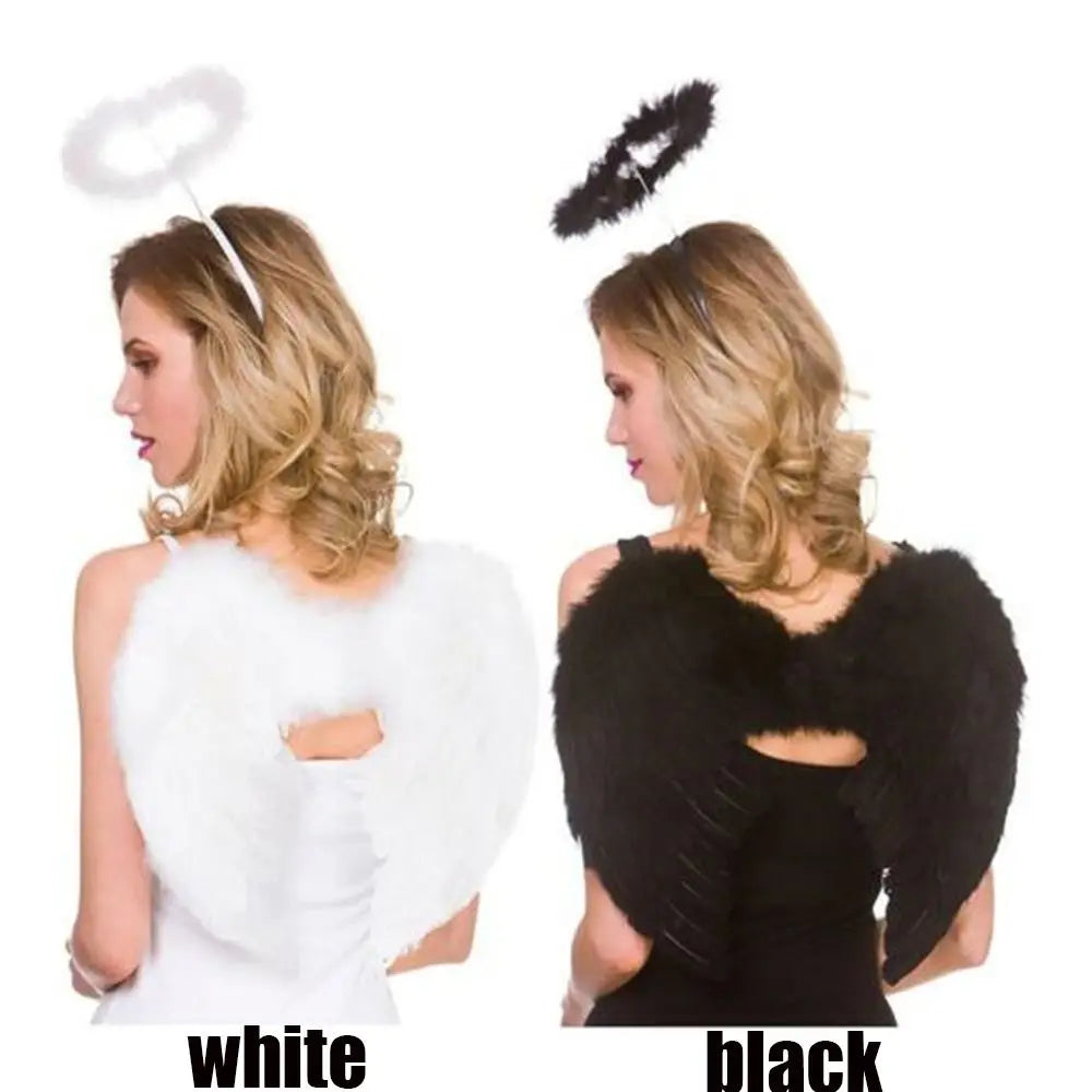 EtherealBe angel wings halo costume set in white and black with fluffy detailing and headbands
