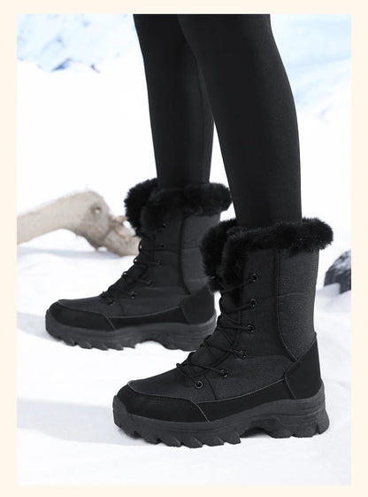 2025 Women's Snow Boots Beige Lace-up Waterproof Antiskid Female New Ankle Boots Walking Shoes plush Winter Warm Mid-Calf Boots