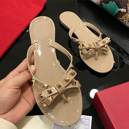 Slippers Hot Sale Fashion Women Flip Flops Summer Shoe Cool Beach Rivet Big Bow Flat Sandals Jelly Shoes Sandal Girls Size 36-42
