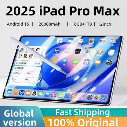 2025 NEW Original iPad PRO MAX 12inch Tablet Android 15 16GB+1TB 20000mAh 5G DualSIM Bluetooth WiFi HD 4K Screen Tablet PC Wifi7