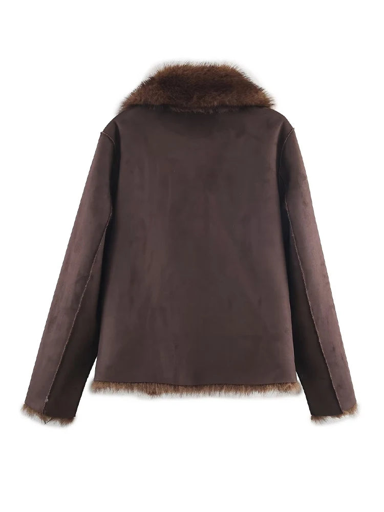 HH Winter Woman Elegant Casual Warm Coat Women Lapel Buttons Pocket Long Sleeves Outwear Reversible Faux Fur Effect Jacket