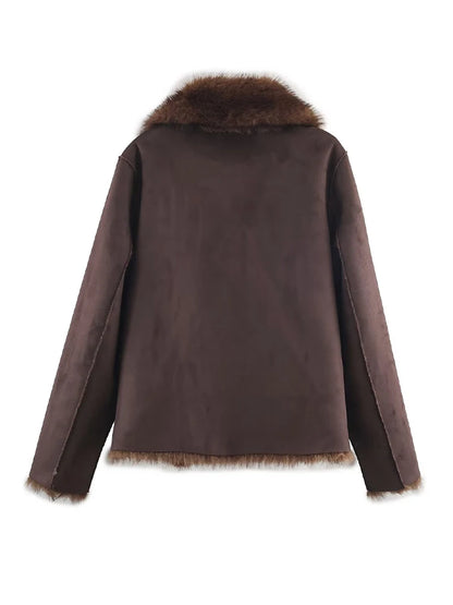 HH Winter Woman Elegant Casual Warm Coat Women Lapel Buttons Pocket Long Sleeves Outwear Reversible Faux Fur Effect Jacket