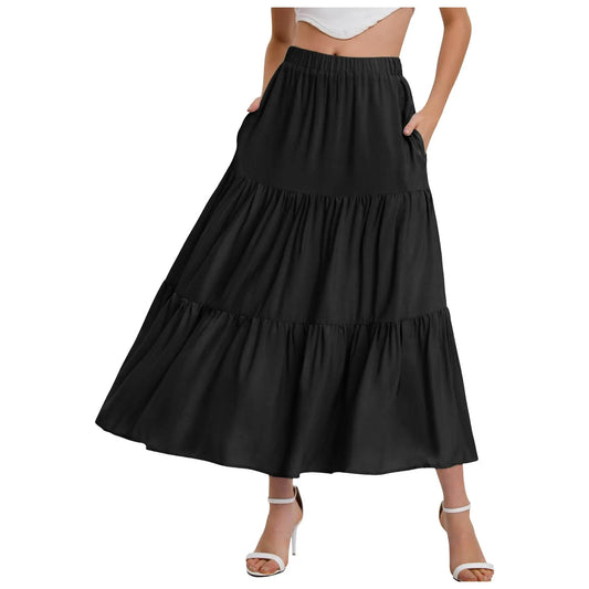 Skirts For Women Summer Bohemian Swing Beach Skirt High Waist A Line Flowy Skirts Pleated Layered Ruffle Hem Flowy A Line Skirt