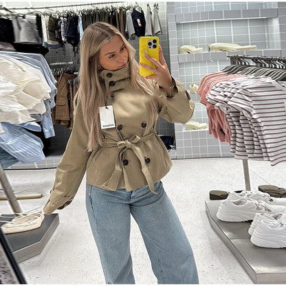 Belted Waist Cropped Trench Double Breasted Stand Collar 2025 Autumn Chic Elegant Women Coat Casual Vintage Office Lady Jacket
