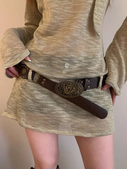 N Retro Ethnic Belt Y2K Bohemian Dress With a Wide Brown Belt