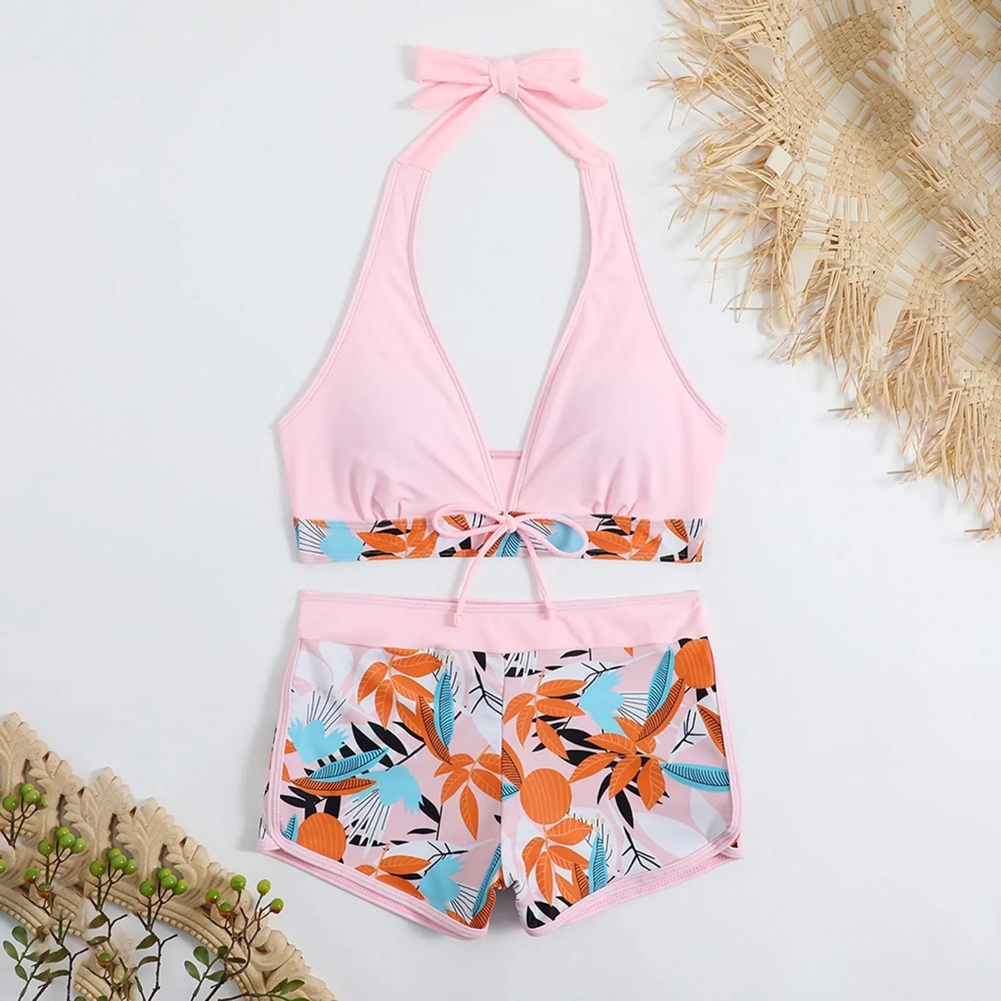 Women's Paneled Printed Swimsuit Ladies Fashion Sexy Split Boxer High Waist Swimsuit Two-Piece Set V-Neck Bathing Suits Female