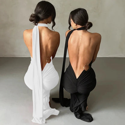 Hugcitar One Shoulder Backless Adjustable Scarf Loop Ruched Sexy Maxi Dress 2025 Women Elegant Y2K Streetwear Festival Outfit