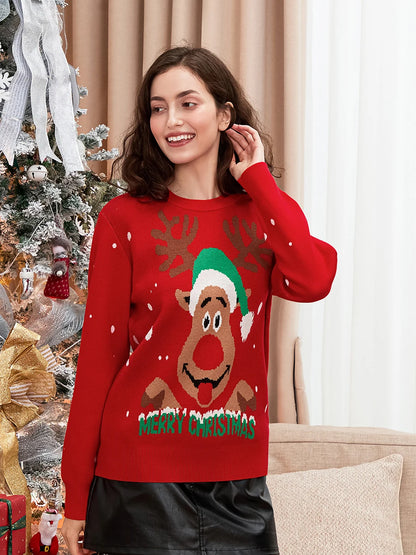 Women s Christmas Sweaters Long Sleeve Round Neck Reindeer Print Loose Pullover Knit Tops