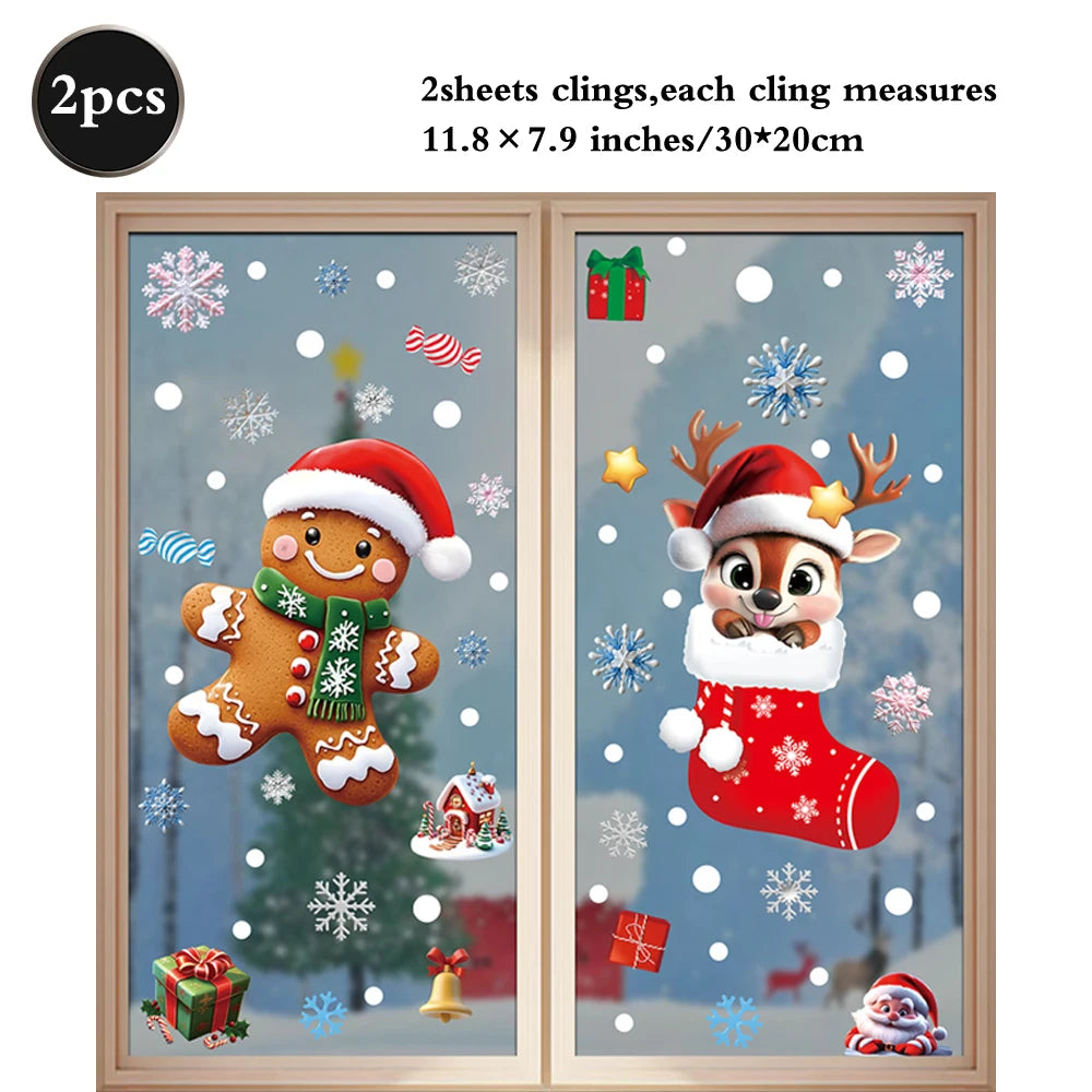 Christmas Window Static Clings Snowman Santa Claus Snowflake Reindeer Cute Xmas Decoration Decal Sticker Home Ornaments Supplies